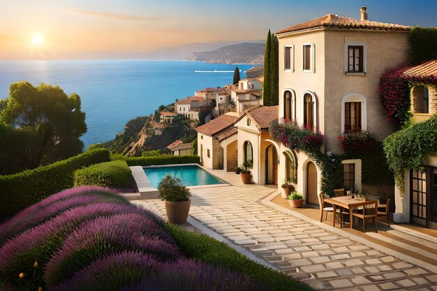 a villa with a view of the sea and the sunset