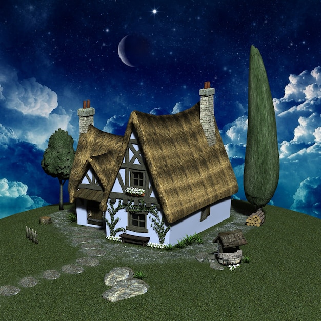 A village against the background of the night sky. 3d illustration