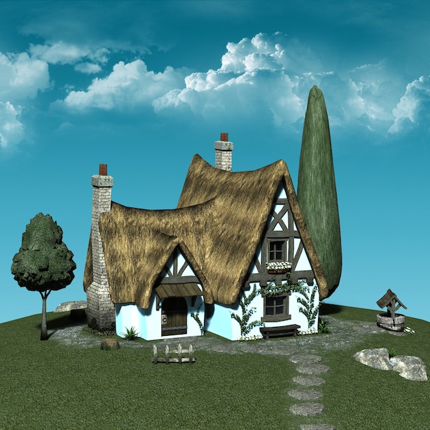 A village against a blue sky. 3d illustration. 3d illustration