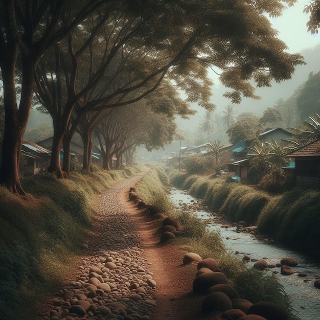 Фото Атмосфера деревни в индонезии с реками и лесами