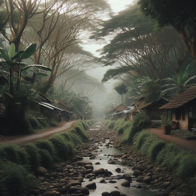 Photo village atmosphere in indonesia with rivers and forests