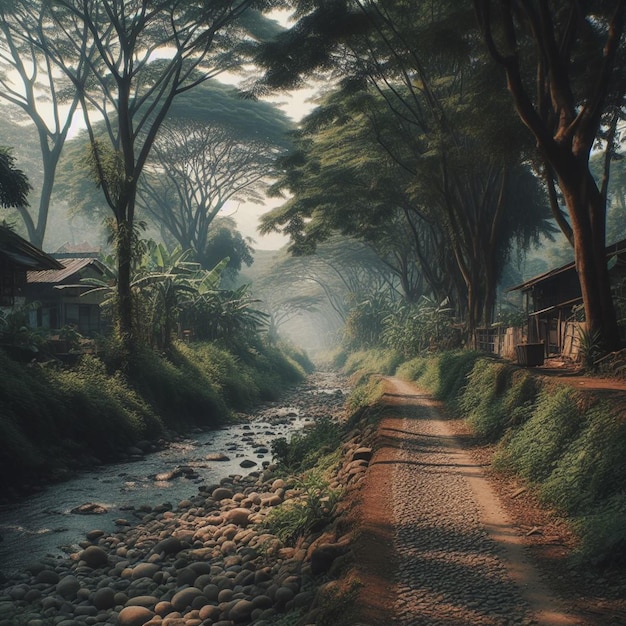 Foto atmosfera di un villaggio in indonesia con fiumi e foreste