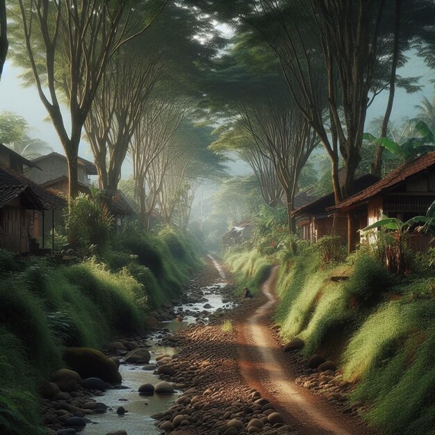 Foto atmosfera di un villaggio in indonesia con fiumi e foreste