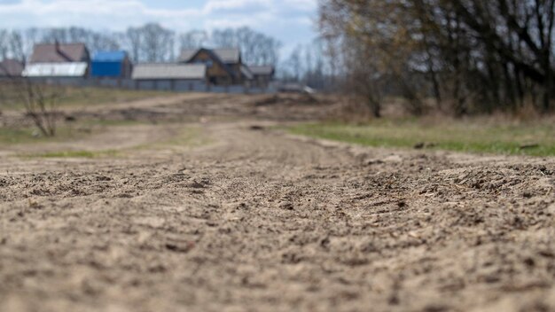 Foto il villaggio sullo sfondo di una strada sabbiosa nella foresta paesaggio estivo con una sfocatura foto con posto per il testo