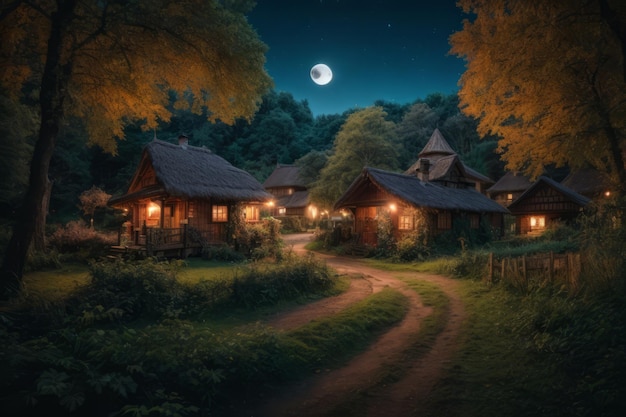 Village of Beauty Enchanted Forest under the Waning Moon