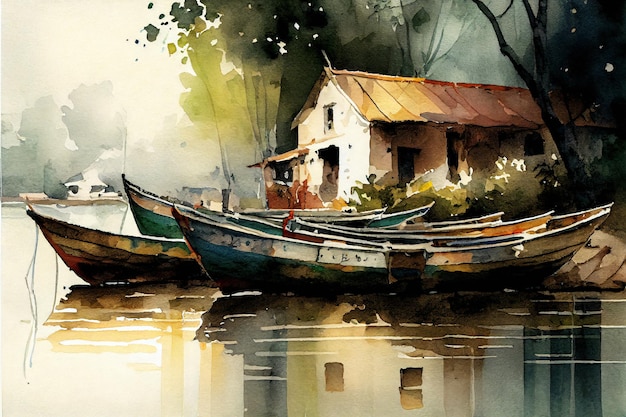 Village Boats Watercolor