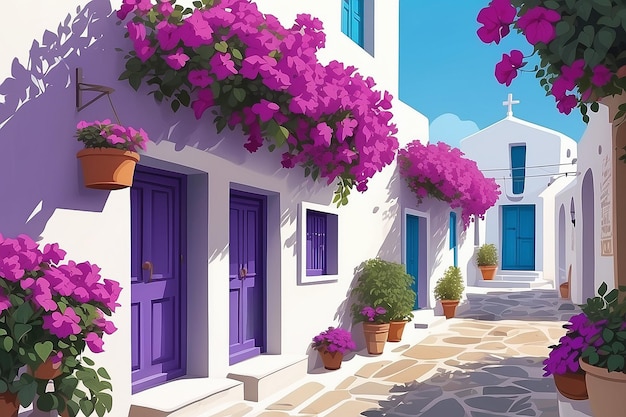 Photo village bougainvillea cyclades alley greece