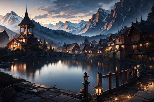 A village by the lake with a snowy mountain in the background