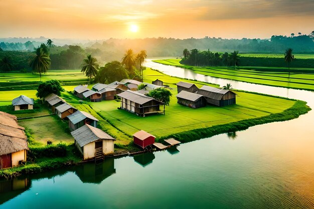 A village by the river at sunset