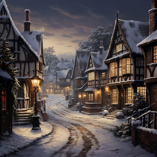 Photo in a village covered in snow houses and street lamps lit up in golden color to lighten the darkness