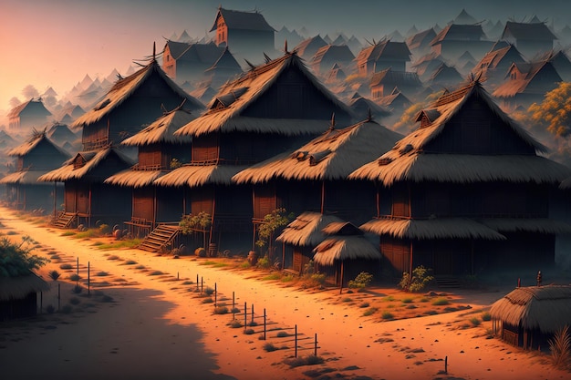 A village in the desert with a sunset in the background