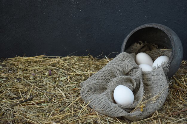 Photo village fresh eggs in iron pot.