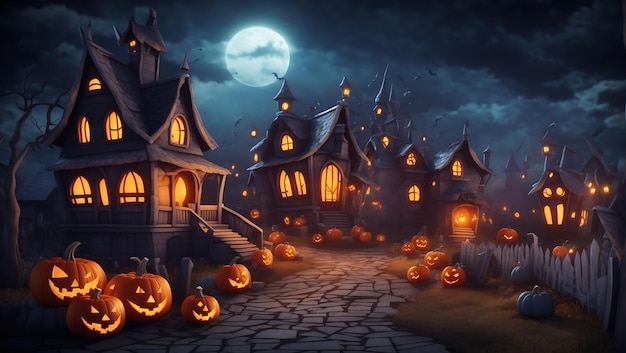 A Village Happy Halloween Celebration with Scary Pumpkin Illustration 3D By Artificial Intelligence