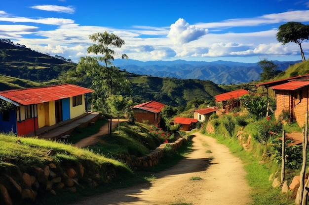 a village on a hill with mountains in the background