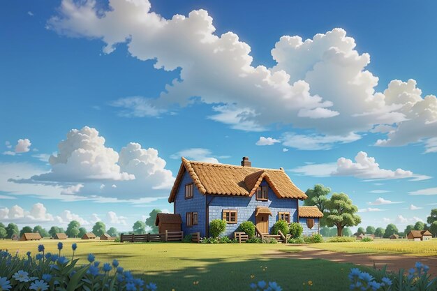 Village house in summer day blue sky on surface