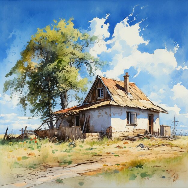 Village house in summer day blue sky on surface