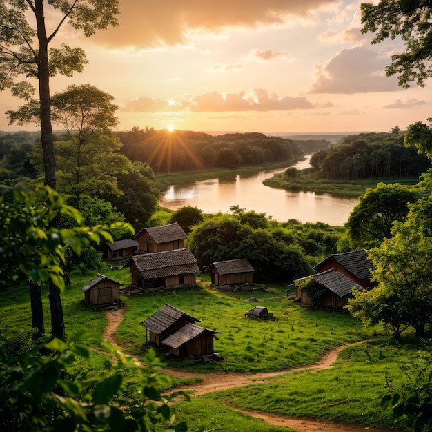 Photo village houses in forest during sunset photography