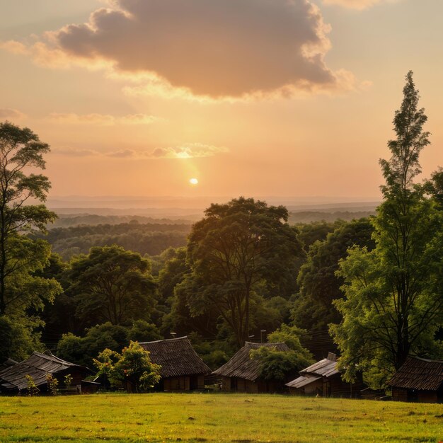 Photo village houses in forest during sunset photography