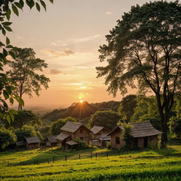 village houses in forest during sunset photography
