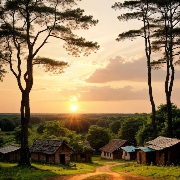 village houses in forest during sunset photography