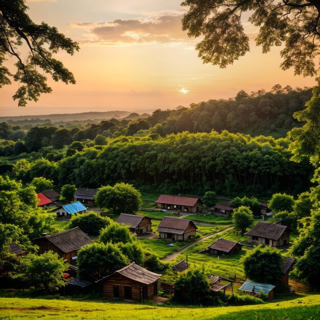 夕暮れの写真撮影中の森の村の家