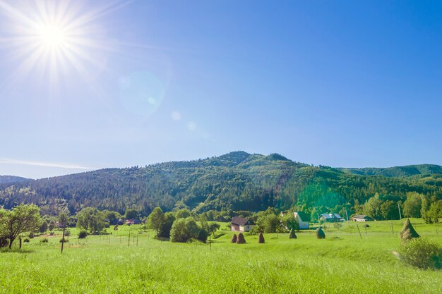 Photo village houses on hills with green meadows