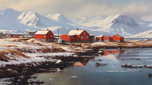 アイスランドの山と海の間の村