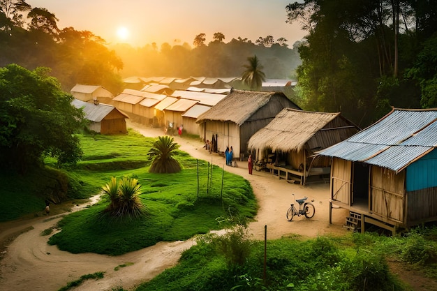 A village in the jungle with a bike parked in front of it