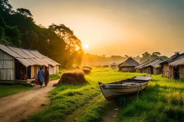 A village in the jungle with a boat in the foreground