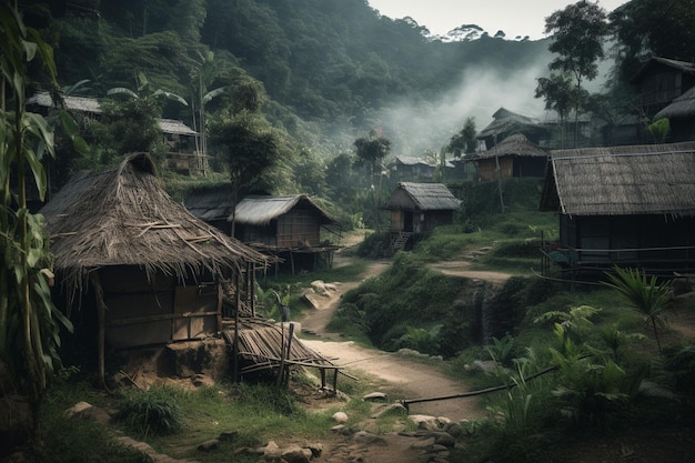 A village in the jungle with a tree on the top