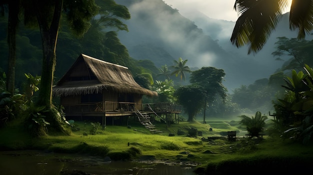 Деревня в джунглях с деревянной хижиной и пальмами