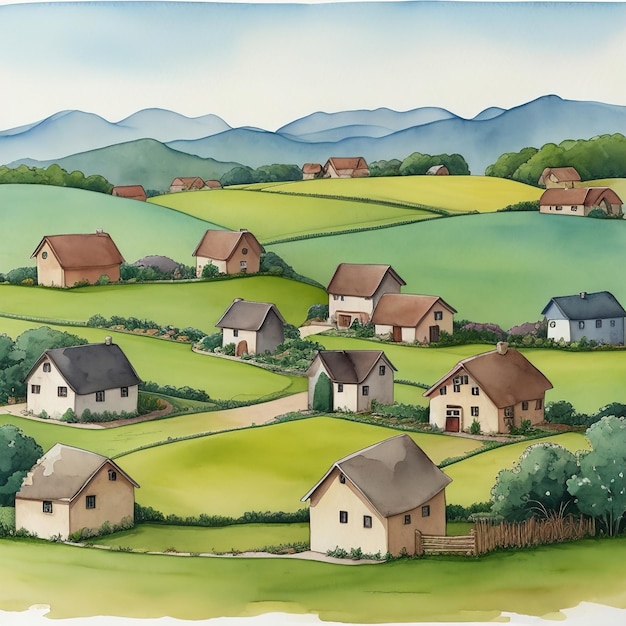 Village landscape watercolor