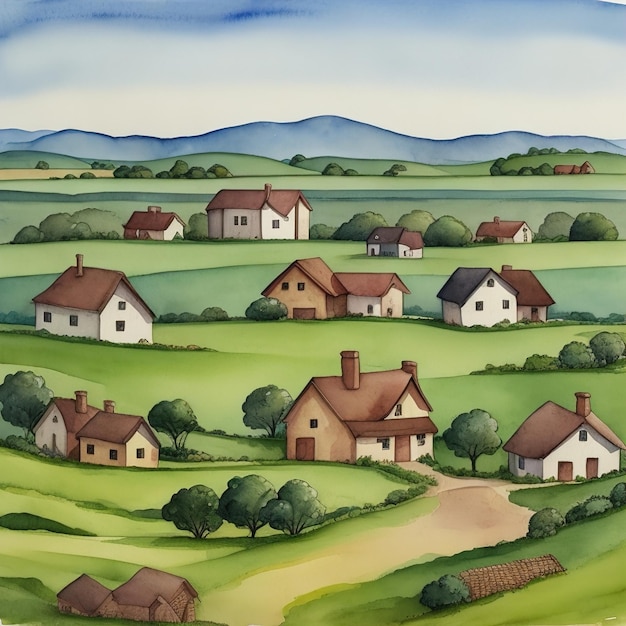 Village landscape watercolor