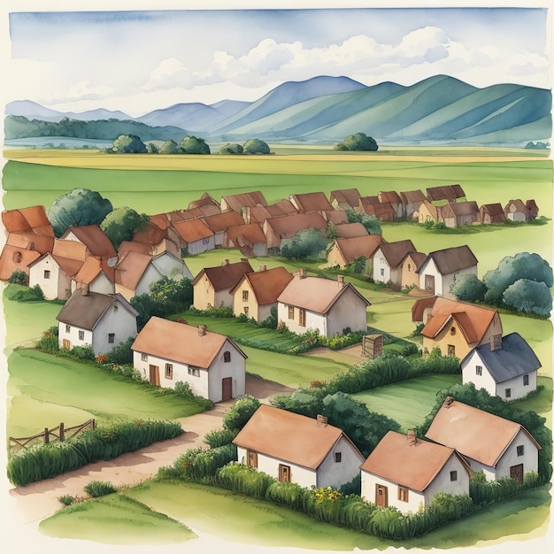 Village landscape watercolor