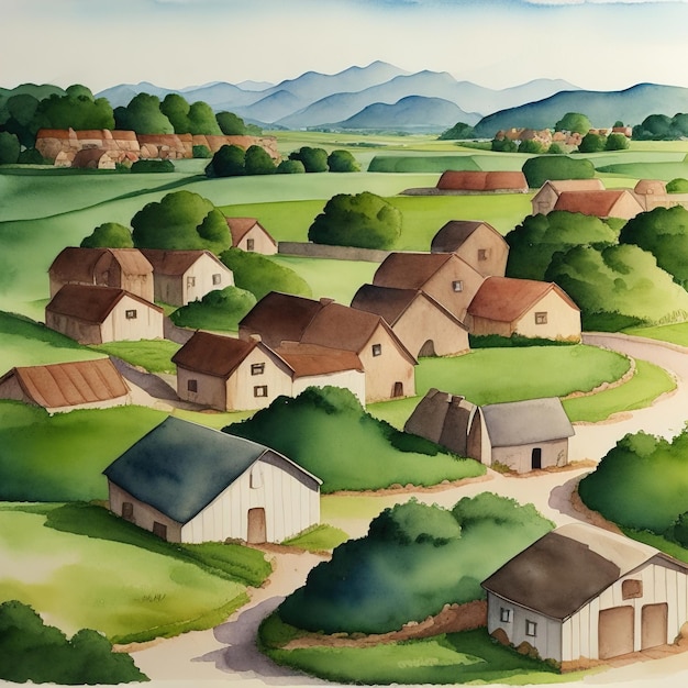 Village landscape watercolor