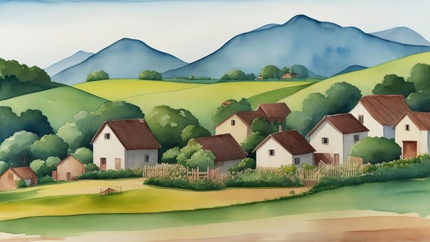 Village landscape watercolor