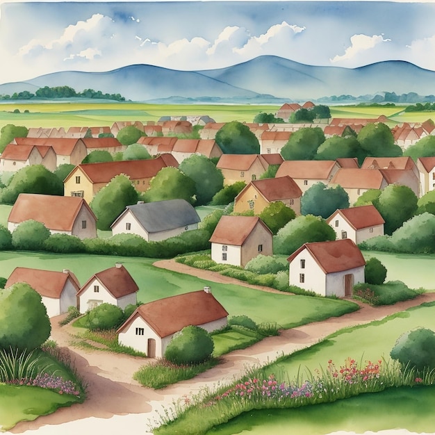 Village landscape watercolor