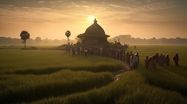 A village in the middle of a field with a large hut in the background.