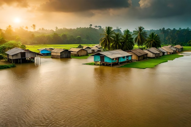 a village in the middle of a flooded field