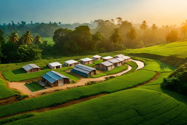 a village in the middle of a rice field