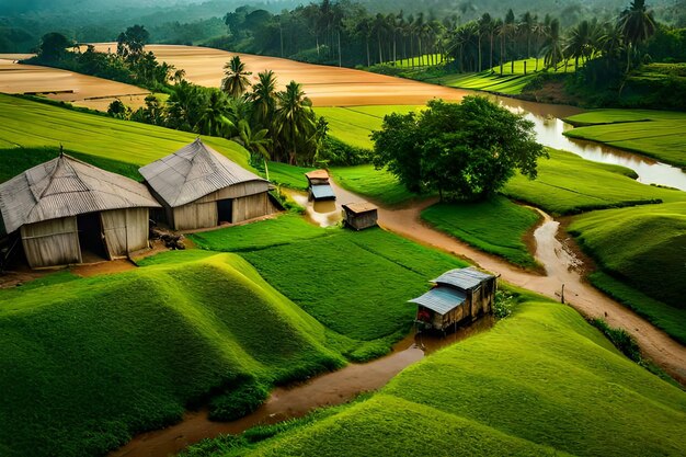 a village in the middle of a rice field