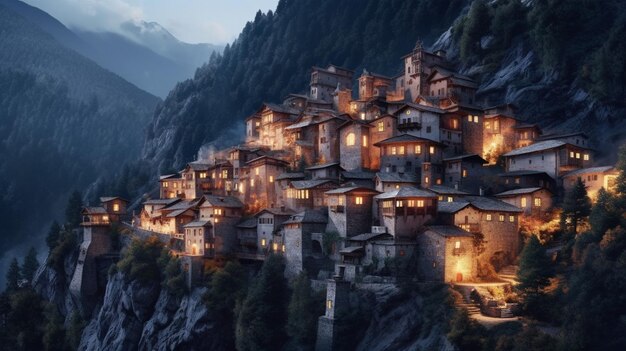 A village on a mountain with lights on