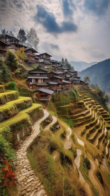 A village on a mountain with a mountain in the background