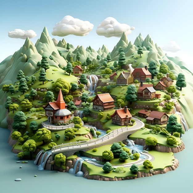 Village in the mountains 3D illustration Cartoon style