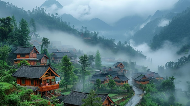 A village in the mountains is covered in fog A flawless foggy landscape Calm background AI