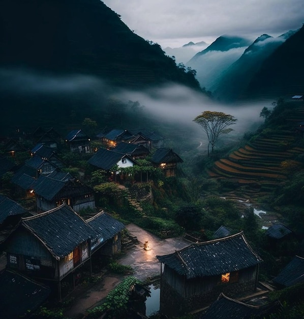 A village in the mountains at night