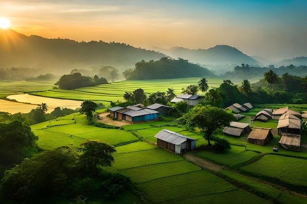 a village in the mountains at sunset