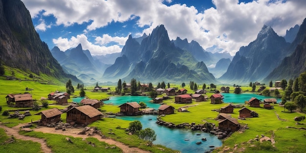 Деревня в горах с голубым озером на заднем плане