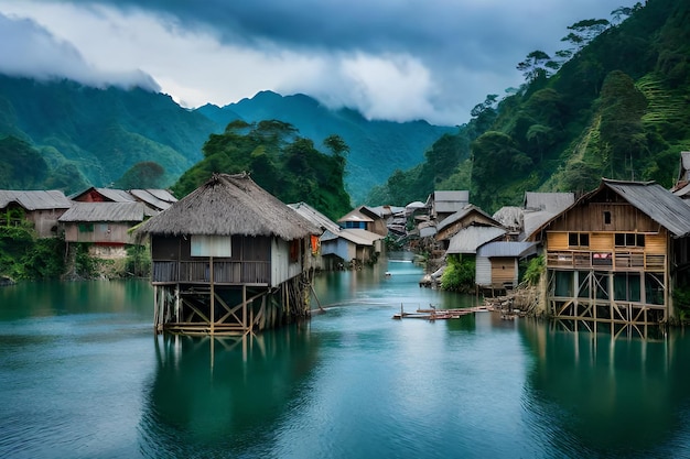 A village in the mountains with a blue sky and clouds