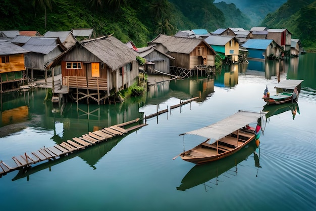 A village in the mountains with a boat in the water